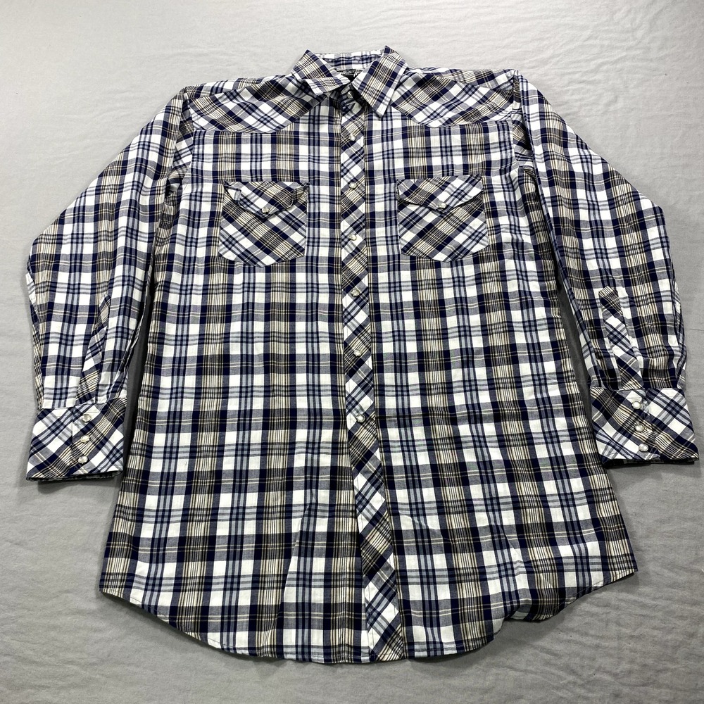 White Horse Shirt Mens Medium Blue White‎ Plaid Pearl Snap Western Cowboy Adult